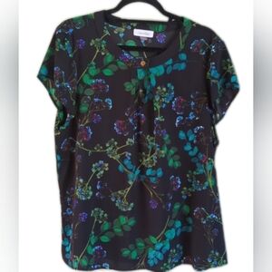 Calvin Klein Black Floral Scoop Neck Button Keyhole Flutter Sleeve Blouse XL